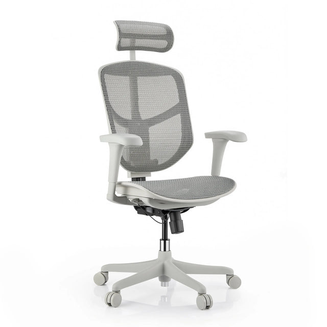 Chaise de bureau Enjoy Eco MB en gris avec revêtement en maille, appuie-tête et cinq roulettes de hjh OFFICE