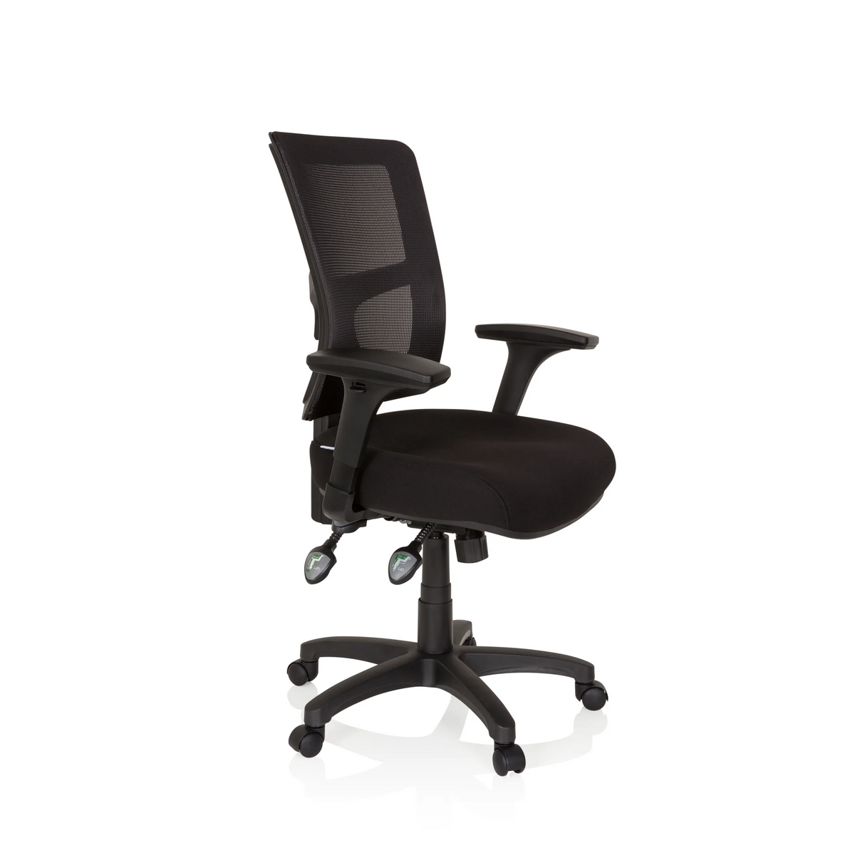 Siège de direction de qualité professionnelle IMPACT PRO noir avec dossier en maille et base à cinq roulettes de hjh OFFICE – vue à 360° (vue de trois quarts avant 60°)
