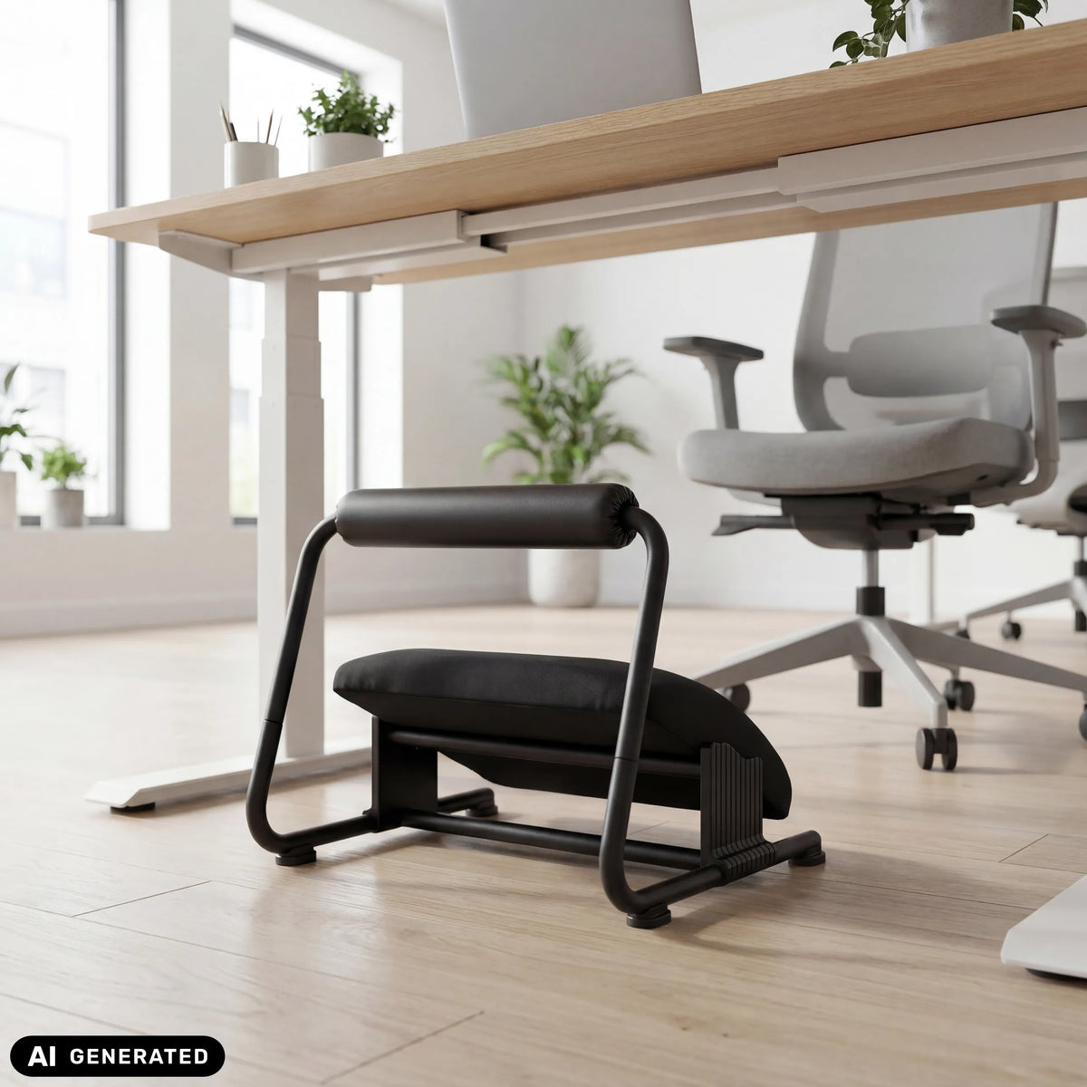 Repose-pieds Podi Velvet noir sous un bureau de hjh OFFICE (image générée par IA)