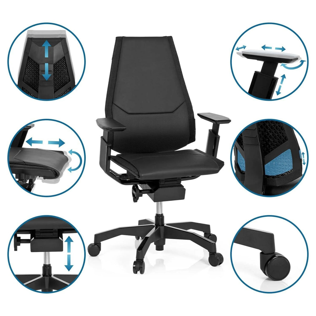 Siège de bureau haut de gamme GENIDIA BLACK en noir avec différentes options de réglage de hjh OFFICE
