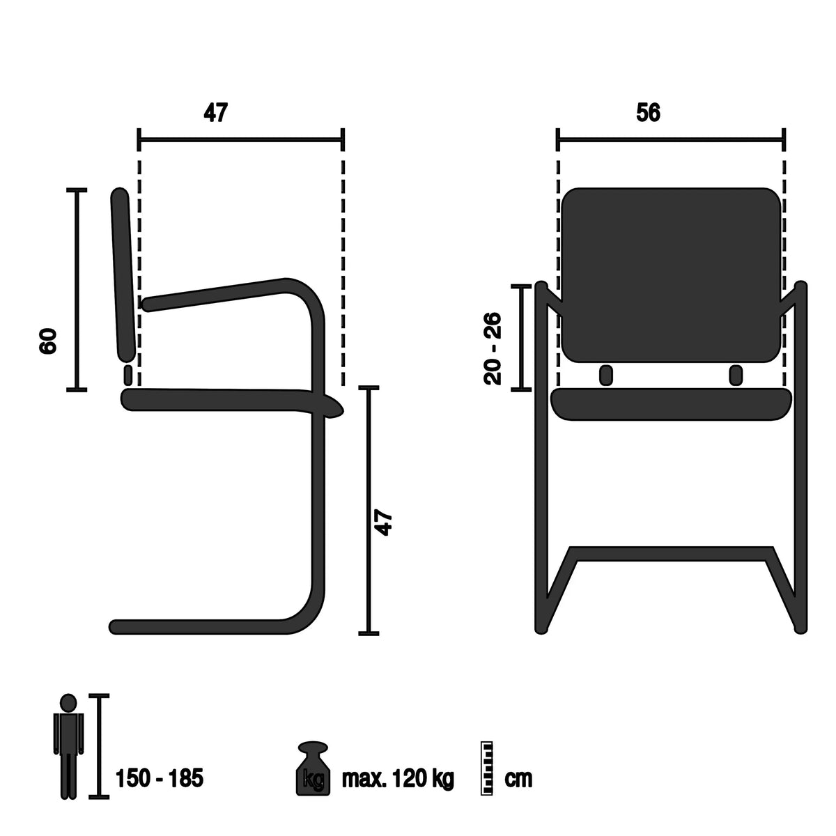 Technische Zeichnung des Freischwingers CAPTIVO PRO V mit einer Breite von 56 cm von hjh OFFICE