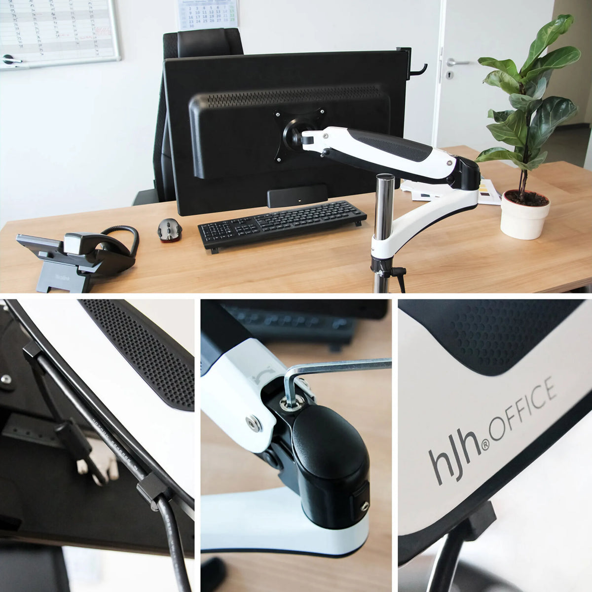 Fixation pour écran VM-MG1 blanche et noire avec bras articulé, gestion des câbles et logo de l'entreprise de hjh OFFICE