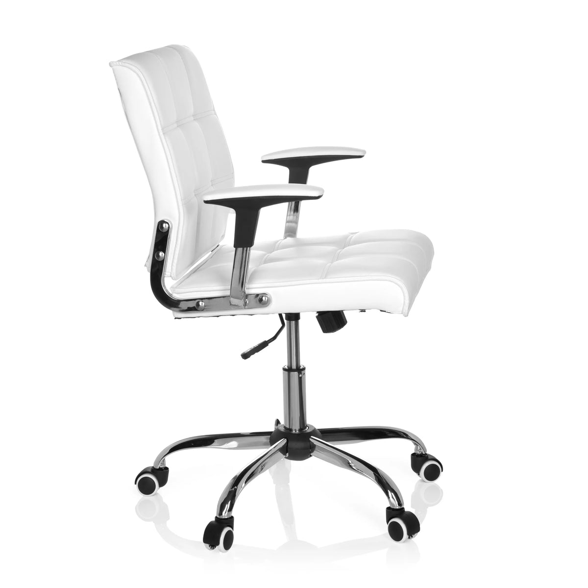 Siège de bureau à domicile ERNESTO blanc avec rembourrage capitonné et base à cinq roulettes de hjh OFFICE – vue à 360° (vue de profil 80°)