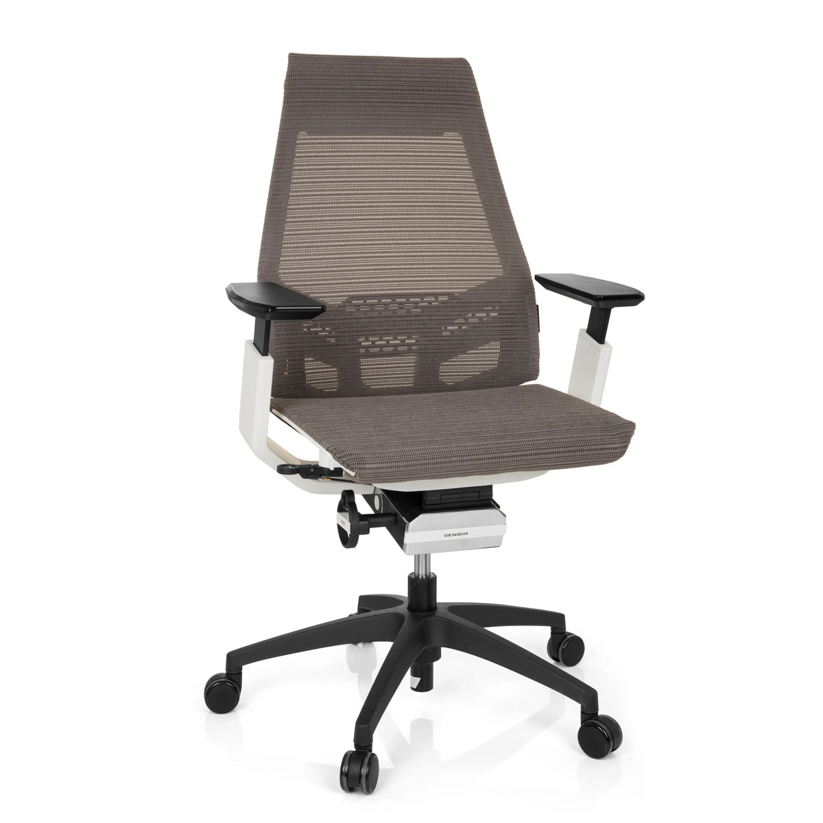 Siège de bureau de qualité professionnelle GENIDIA SMART WHITE gris et blanc avec dossier en maille et base à cinq roulettes de hjh OFFICE – vue à 360° (vue de face 20°)