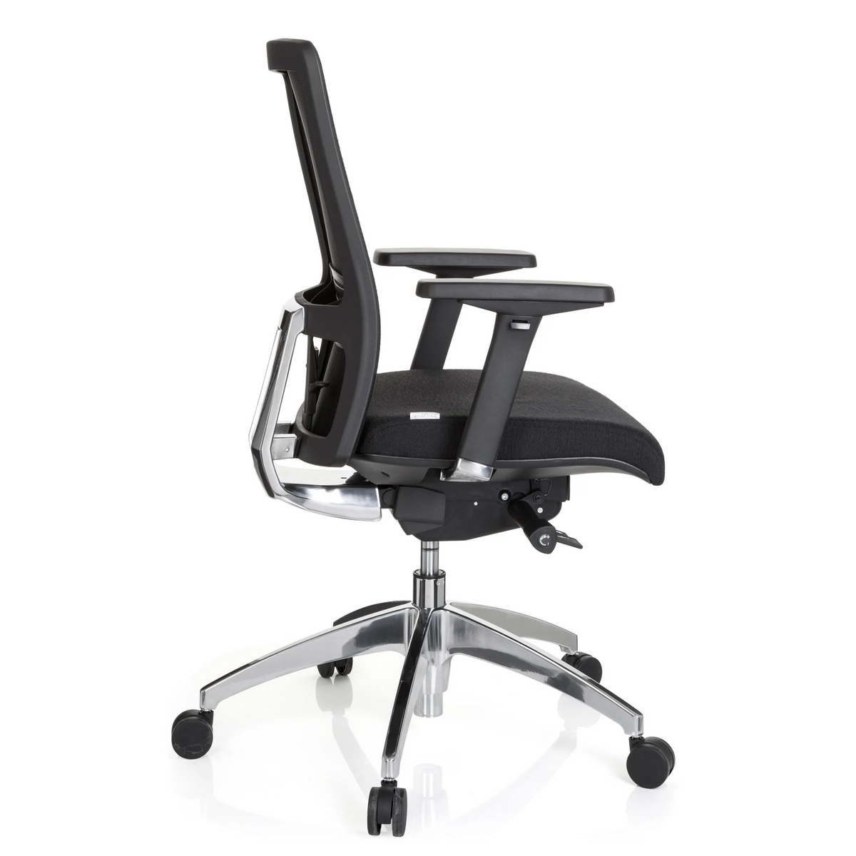 Siège de bureau de qualité professionnelle ASTRA BASE noir avec accoudoirs et base à cinq roulettes de hjh OFFICE – vue à 360° (vue de profil 100°)