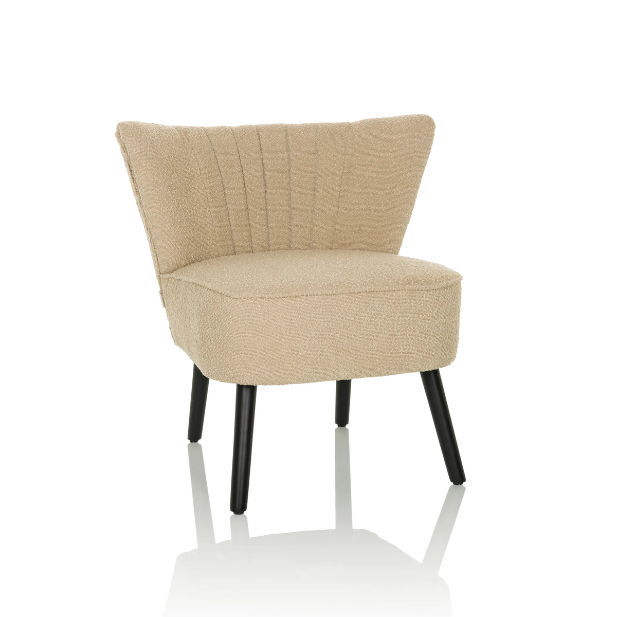 Fauteuil de salon MANISO beige avec revêtement en tissu texturé et quatre pieds noirs de hjh LIVING – vue à 360° (vue de face 15°)