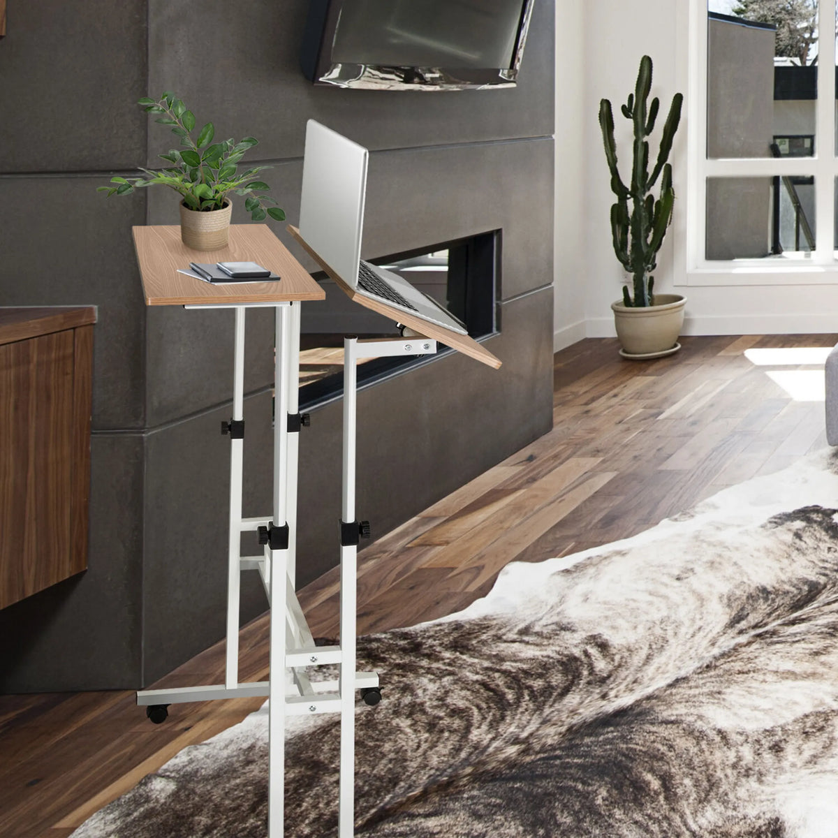 Bureau assis-debout WORKSTATION I en blanc et chêne avec support pour ordinateur portable sur roulettes de hjh OFFICE
