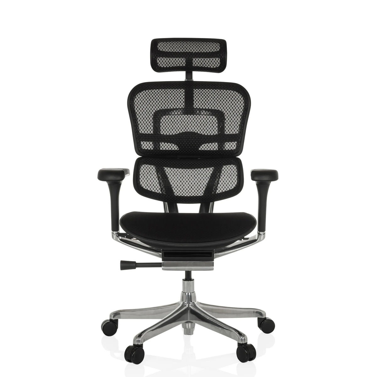 Siège de direction de luxe ERGOHUMAN GEN2 noir avec dossier en maille et base à cinq roulettes de hjh OFFICE – vue à 360° (vue de face 0°)