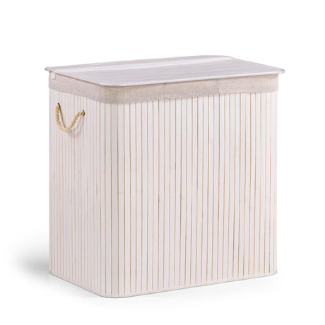 Panier à linge blanc FALSTER XXL B avec aspect rayures verticales, couvercle et poignées en corde de hjh LIVING