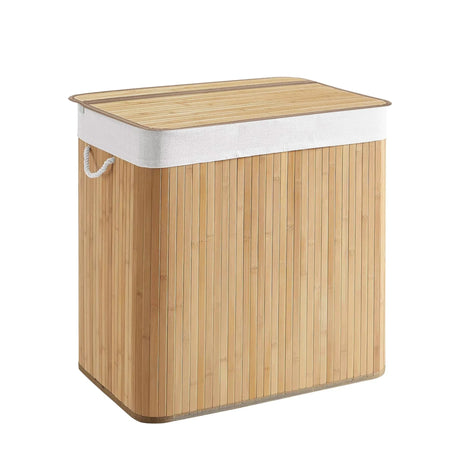 Panier à linge FALSTER XXL B marron en bambou avec bordure en tissu blanc et couvercle assorti de hjh LIVING