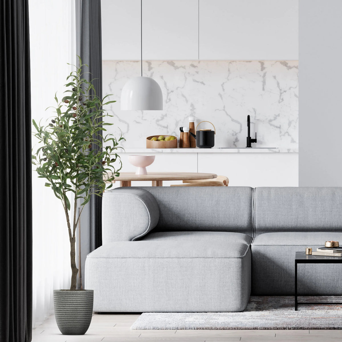 Plante artificielle verte OLIVE dans un pot gris côtelé de hjh OFFICE