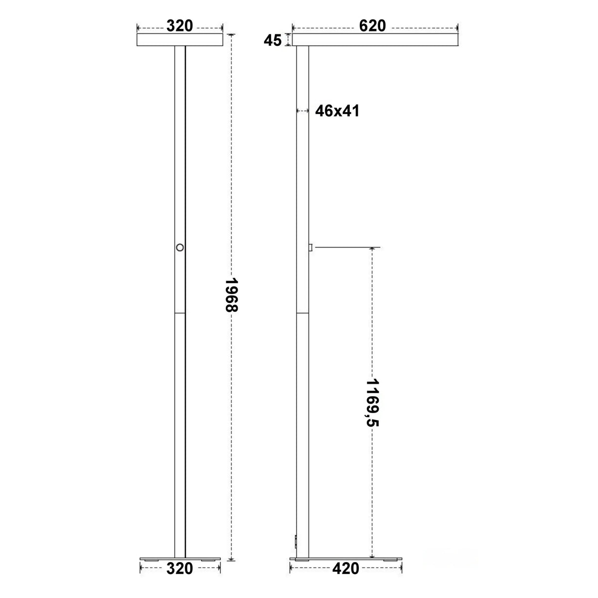 Dessin technique du Lampadaire LUMANOVA d'une hauteur de 1968 mm de hjh OFFICE