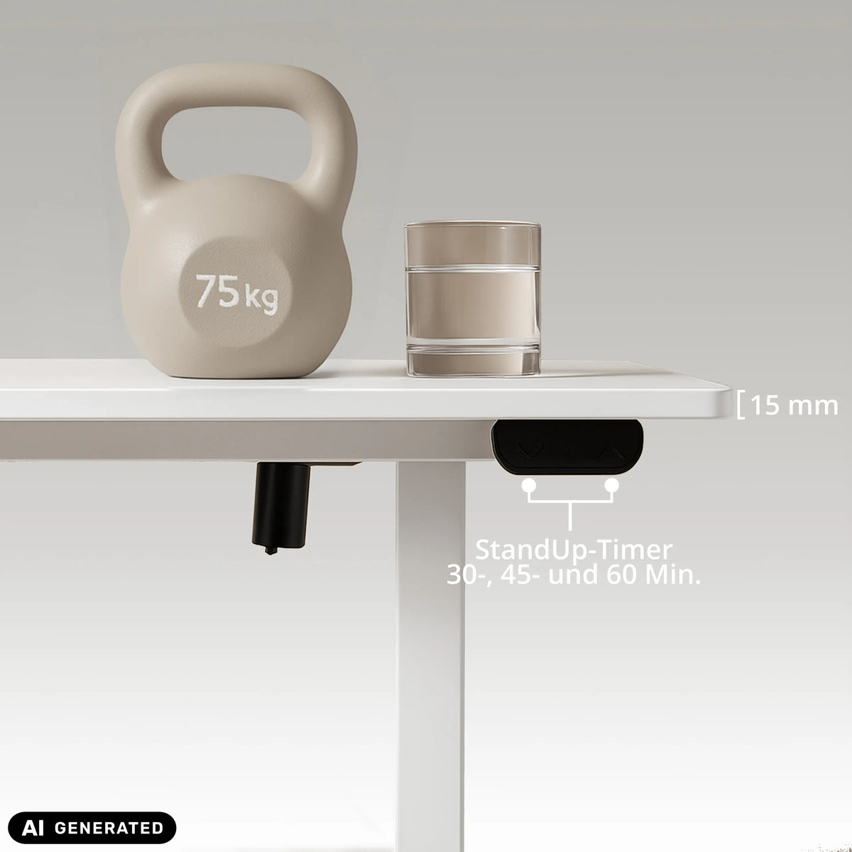 Minuteur StandUp et épaisseur de plateau de 15 mm du bureau Worktime en blanc de hjh OFFICE (image générée par IA)