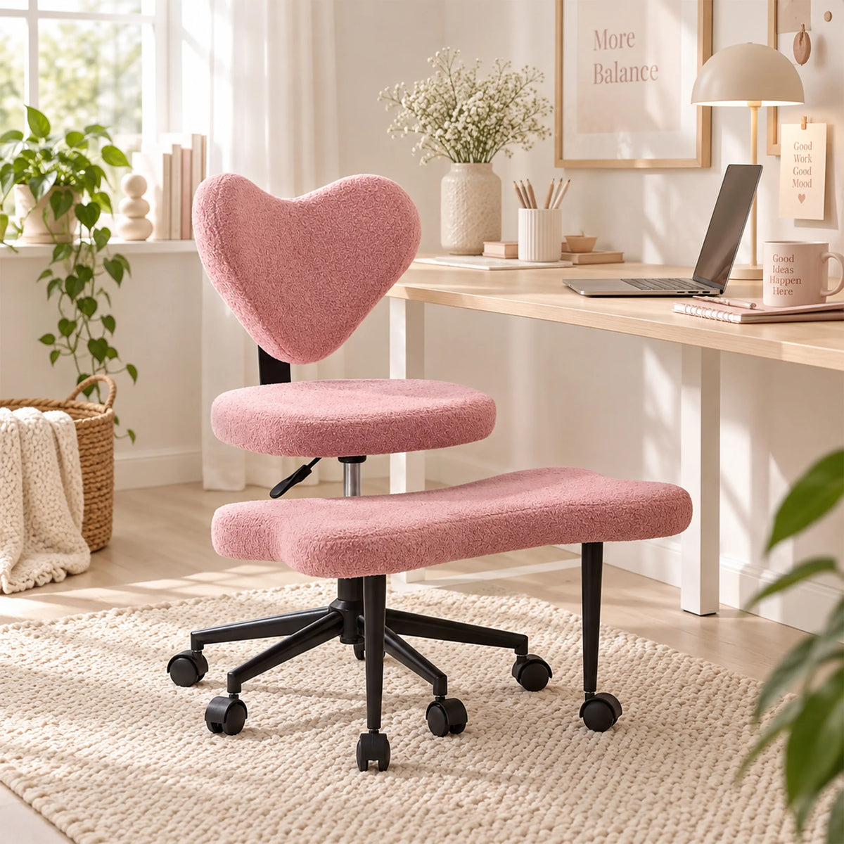 Chaise de méditation Asanasit rose avec dossier en forme de cœur et repose-pieds devant un bureau de hjh LIVING