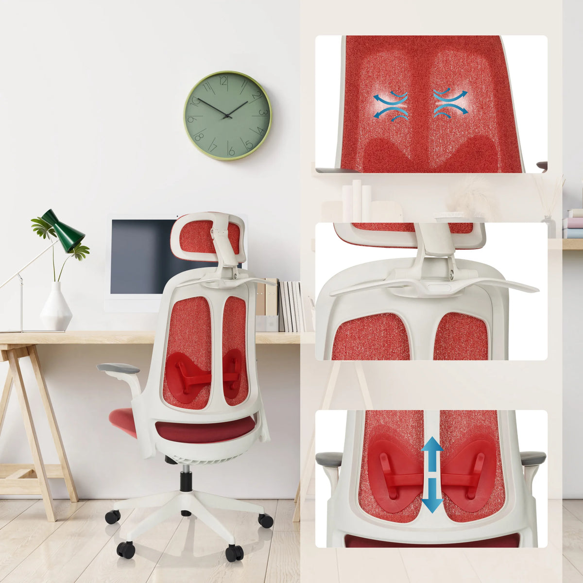 Revêtement en tissu rouge et support lombaire réglable en hauteur du Siège de bureau de qualité professionnelle ARCEO WF de hjh OFFICE