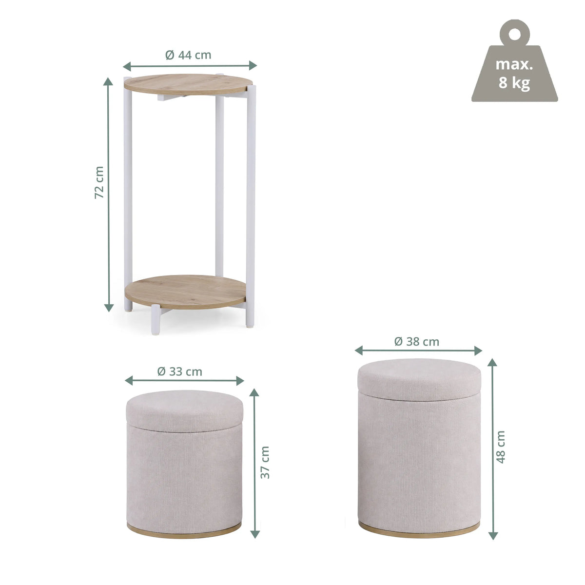 Dessin technique de la table d'appoint Nestup 1 avec une hauteur de 72 cm et un diamètre de 44 cm de hjh LIVING