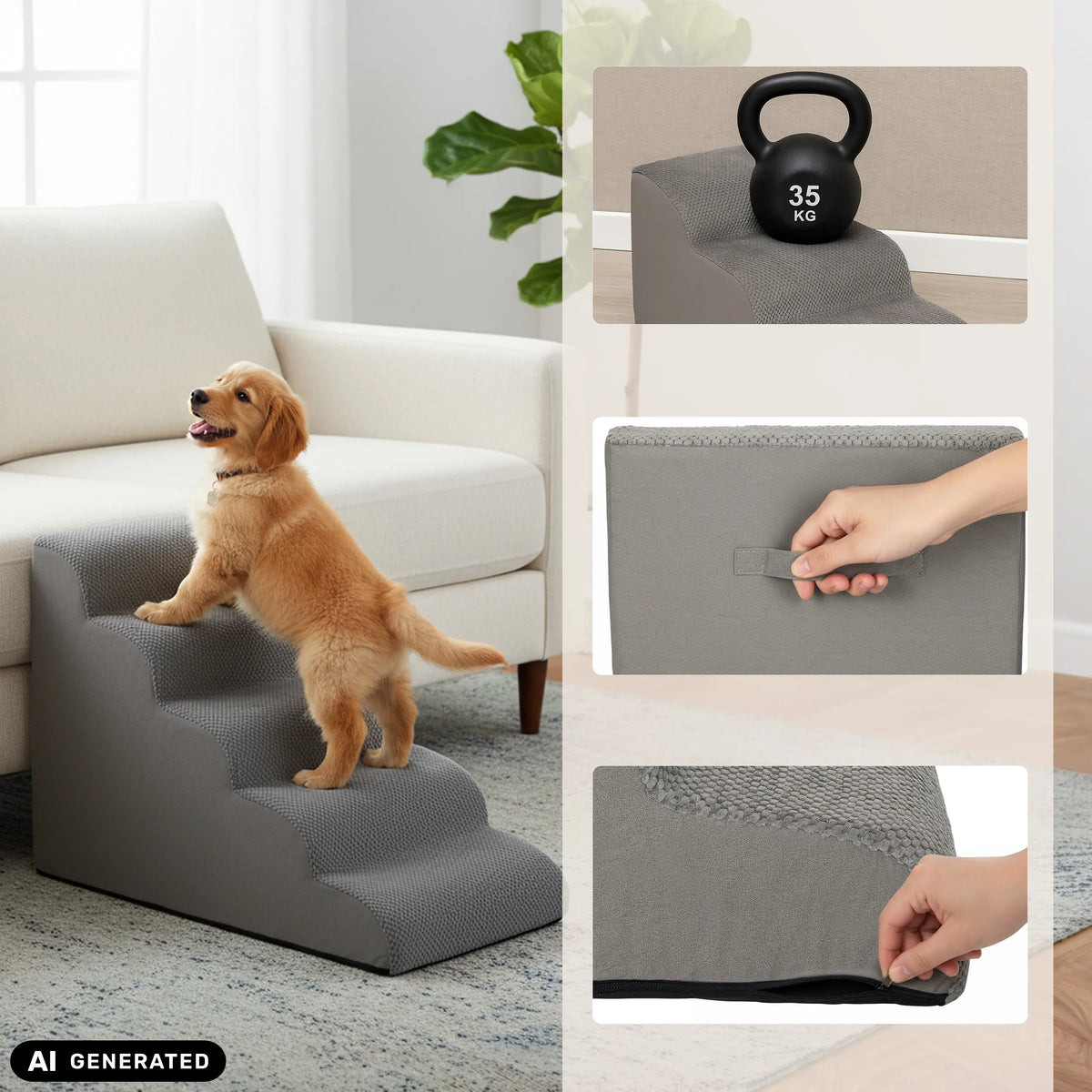 Escabeau pour animaux de compagnie PAWY STEP 5 gris avec poignée de transport, fermeture éclair et test de charge de hjh LIVING (image générée par IA)