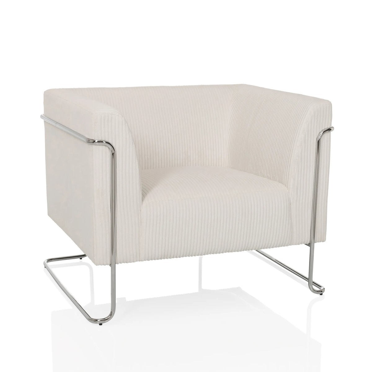 Fauteuil de salon Curacao Cord blanc avec revêtement côtelé et structure chromée de hjh LIVING – vue à 360° (vue de face 15°)