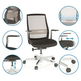 Siège de bureau haut de gamme FOUNTAINE PRO en noir avec vues détaillées des options de réglage et des matériaux de hjh OFFICE