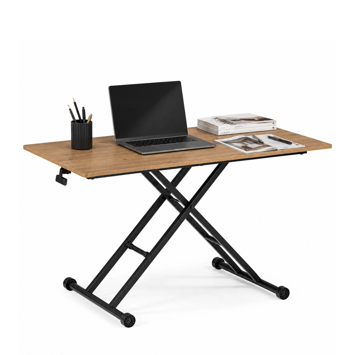 Bureau réglable en hauteur Worktime Lift en chêne et noir avec piètement en X et ordinateur portable de hjh OFFICE