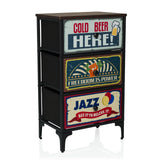 Commode AMERIKO S avec trois tiroirs à motifs au look vintage et structure noire de hjh LIVING – vue à 360° (vue de trois quarts avant 30°)