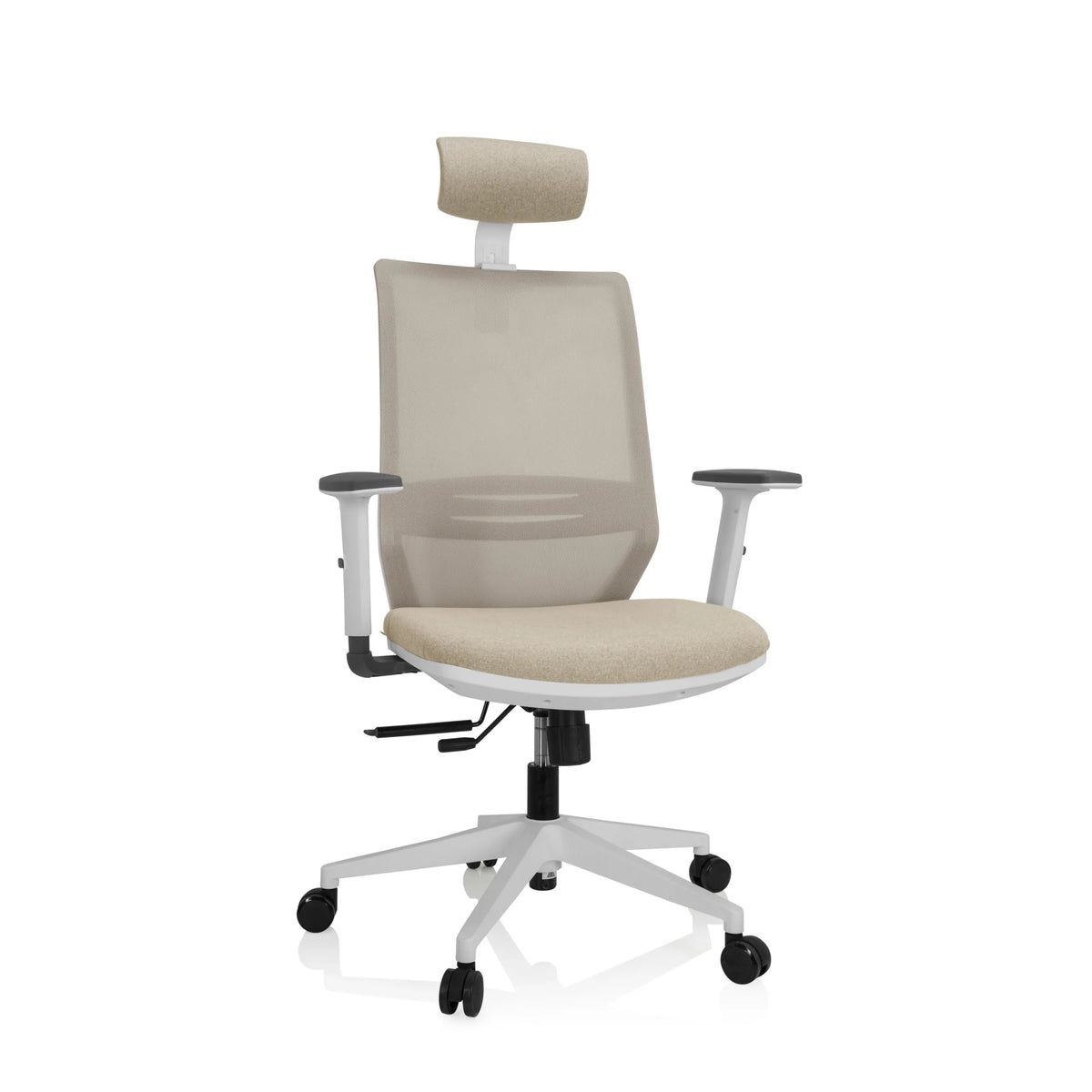 Siège de bureau de qualité professionnelle PROFONDO PRO W beige, dossier maille, appuie-tête et base blanche de hjh OFFICE – vue à 360° (vue de face 20°)