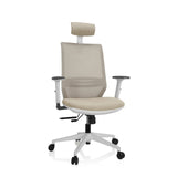 Siège de bureau de qualité professionnelle PROFONDO PRO W beige, dossier maille, appuie-tête et base blanche de hjh OFFICE – vue à 360° (vue de face 20°)