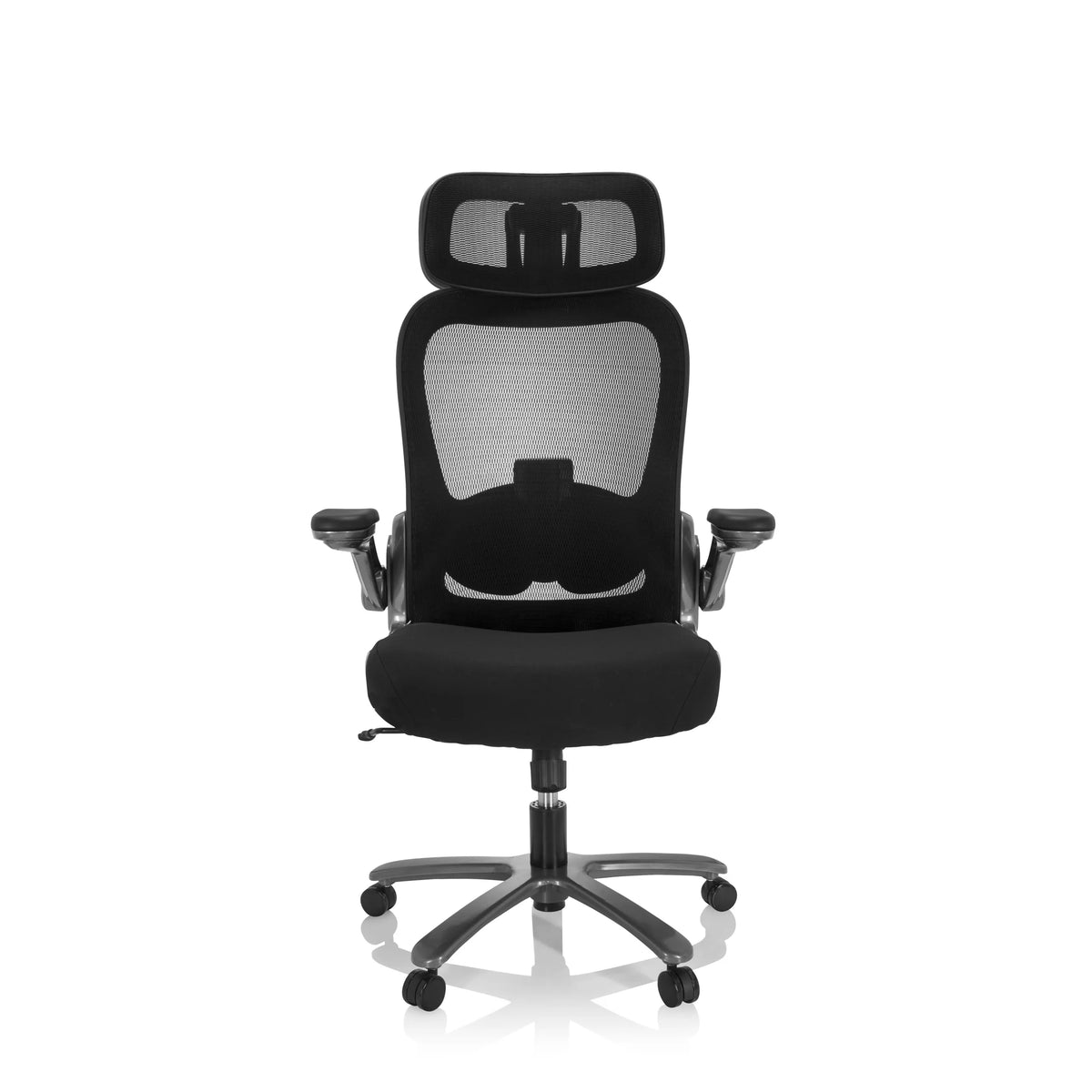 Siège pivotant XXL INSTRUCTOR T I PRO noir avec dossier en maille et base à cinq roulettes de hjh OFFICE – vue à 360° (vue de face 0°)