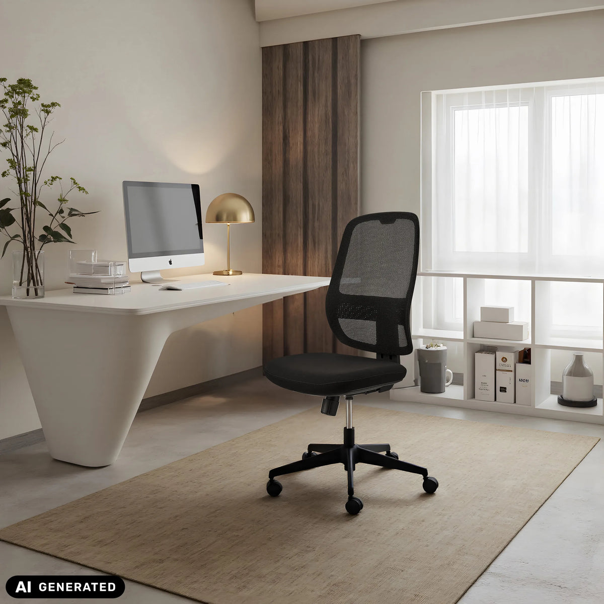 Siège de bureau professionnel Minoro B noir avec dossier en maille dans un bureau à domicile lumineux de hjh OFFICE (image générée par IA)