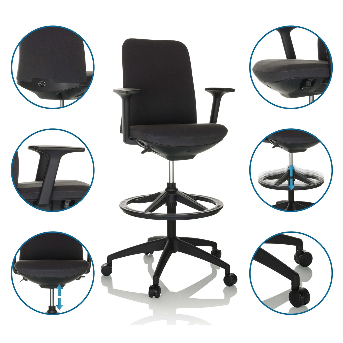 Schwarzer Counterstuhl NESTORA WORK mit Fußring, Armlehnen und Rollen von hjh OFFICE