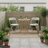 Deux chaises d'extérieur blanches TUDELA XXL PRO W à une table ronde en bois sur une terrasse de hjh OFFICE (image générée par IA)