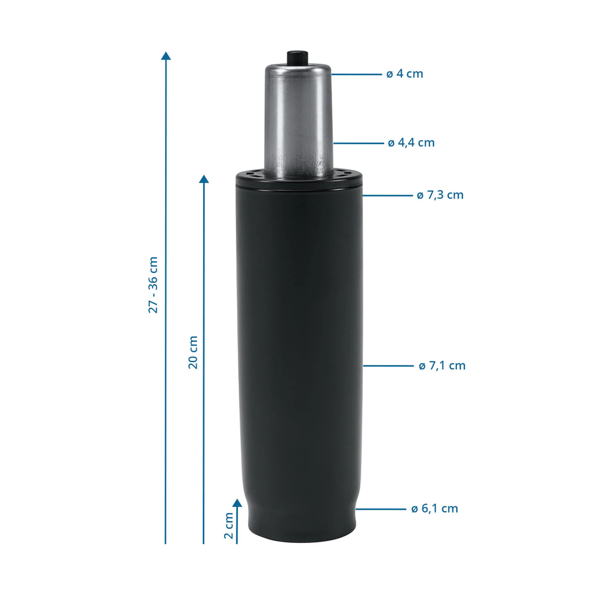 Dessin coté du vérin à gas GF-XXL avec une hauteur de 27 à 36 cm de hjh OFFICE