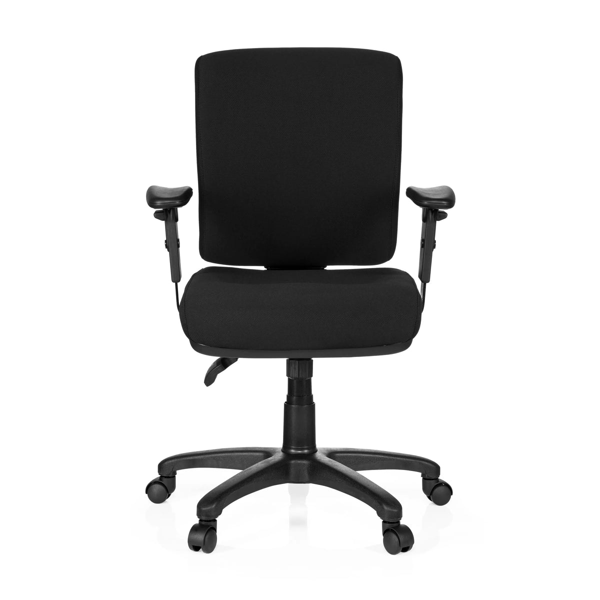 Siège de bureau de qualité professionnelle ZENIT BASE noir avec accoudoirs et pied à cinq roulettes de hjh OFFICE – vue à 360° (vue de face 0°)