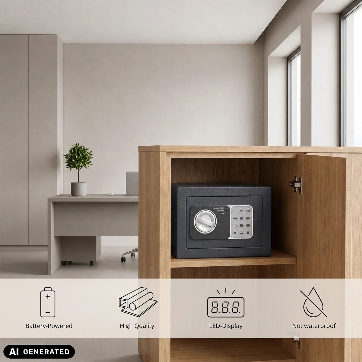 Coffre-fort Safe Compact Mini anthracite avec clavier et poignée rotative dans une armoire de hjh OFFICE (image générée par IA)