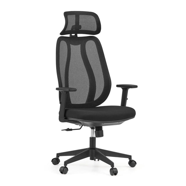 Siège de bureau de qualité professionnelle Filaro en noir avec dossier en maille, appui-tête et accoudoirs réglables de hjh OFFICE