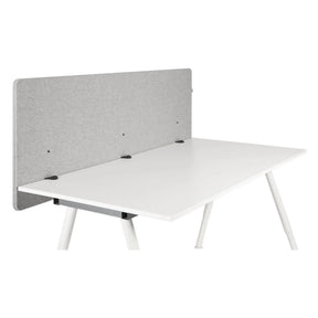 Cloison de table FLEXMIUT D 180 aspect gris clair chiné sur un bureau blanc de hjh OFFICE