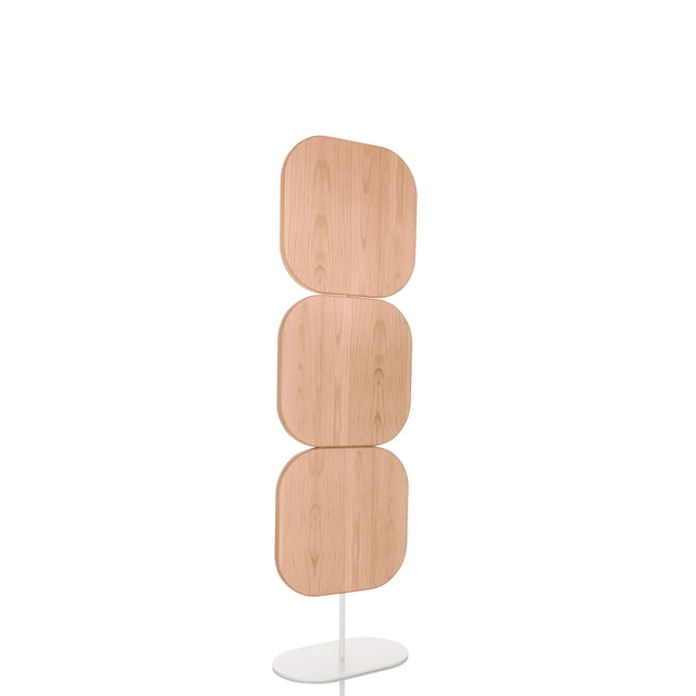 Cloison de séparation beige FLEXMIUT W avec trois éléments en bois arrondis sur un pied blanc de hjh OFFICE