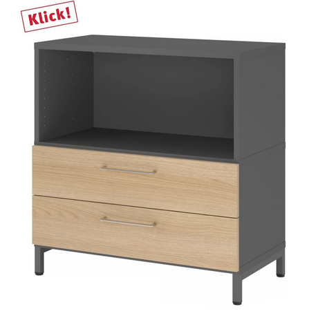 Meuble bas FlexWall en graphite et chêne avec deux tiroirs et une niche ouverte de hjh OFFICE PRO