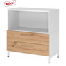 Meuble bas FlexWall en blanc et chêne noueux avec niche ouverte, deux tiroirs et piètement blanc de hjh OFFICE PRO