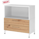 Meuble bas FlexWall en blanc et chêne noueux avec niche ouverte, deux tiroirs et piètement blanc de hjh OFFICE PRO