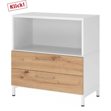 Meuble bas FlexWall en blanc et chêne noueux avec niche ouverte, deux tiroirs et piètement blanc de hjh OFFICE PRO