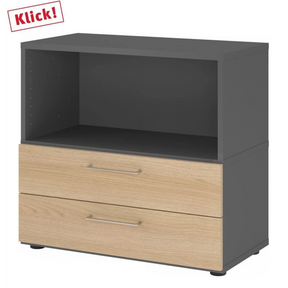 Meuble bas FlexWall en graphite avec deux tiroirs couleur chêne et pieds réglables de hjh OFFICE PRO