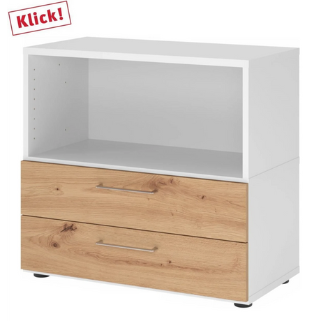 Meuble bas FlexWall en blanc et chêne frêne avec deux tiroirs et un compartiment ouvert de hjh OFFICE PRO