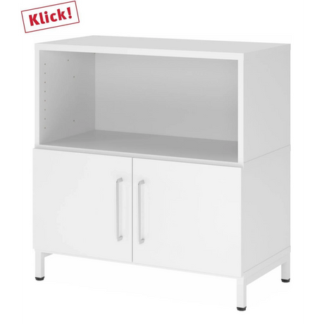 Meuble bas blanc FlexWall avec niche ouverte, deux portes et un socle de hjh OFFICE PRO