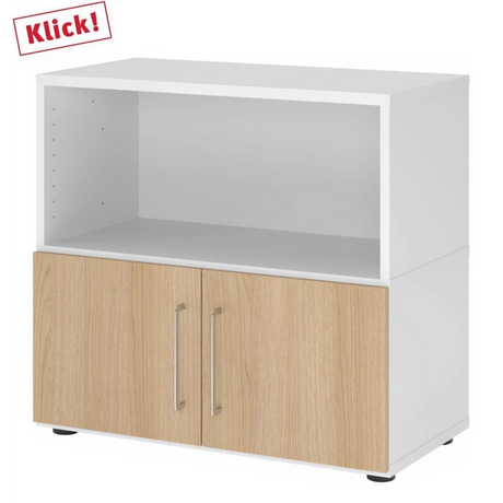 Meuble bas FlexWall en blanc et chêne avec niche ouverte et deux portes de hjh OFFICE PRO