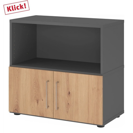 Meuble bas FlexWall en graphite avec deux portes en chêne noueux et pieds réglables de hjh OFFICE PRO