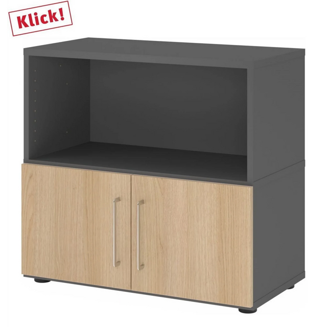 Meuble bas FlexWall en graphite et chêne avec niche ouverte et deux portes de hjh OFFICE PRO