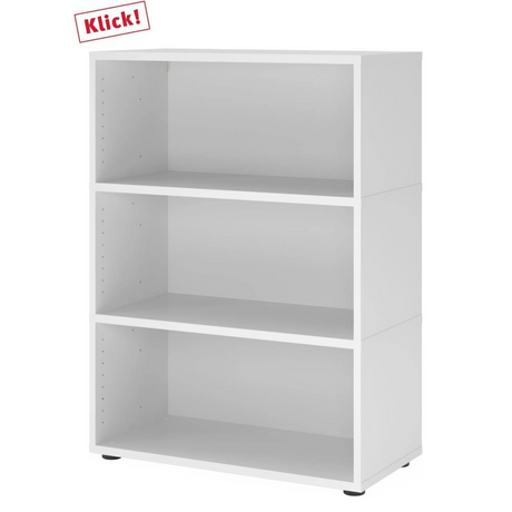 Étagère blanche FlexWall avec trois tablettes ouvertes et pieds noirs de hjh OFFICE PRO