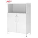 Armoire de bureau blanche FlexWall avec niche ouverte, deux portes et un socle de hjh OFFICE PRO