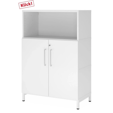 Armoire de bureau blanche FlexWall avec niche ouverte, deux portes et un socle de hjh OFFICE PRO